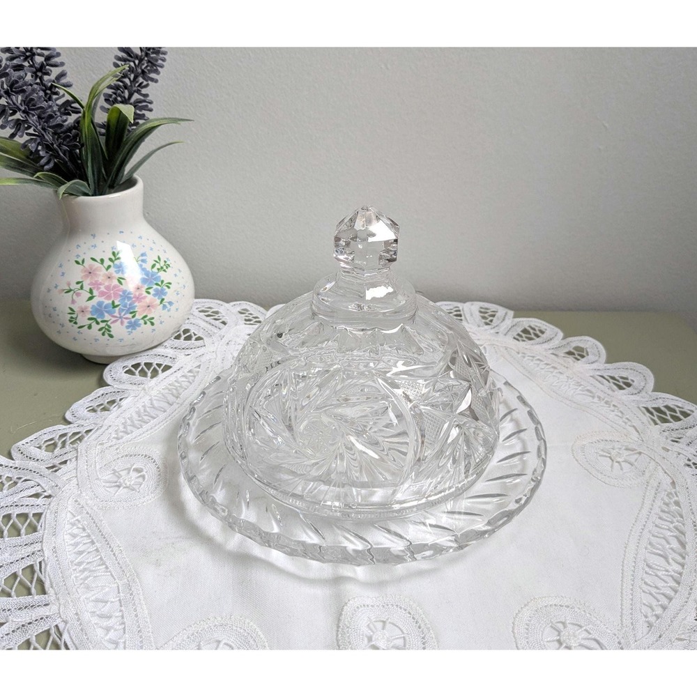 Vintage Crystal Covered Candy Dish with Plate, Pinwheel Cut Glass, Lidded Bowl